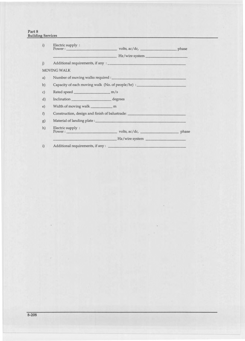 Appendix M: Format for Particulars of Lifts, Escalators and Moving Walks (form, page 2 — escalator electric supply/additional requirements and moving walk fields)