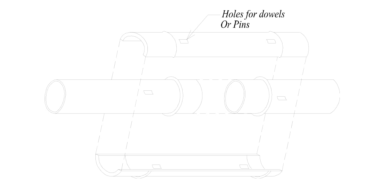 Butt joint with side plates in bamboo showing assembly with holes for dowels or pins