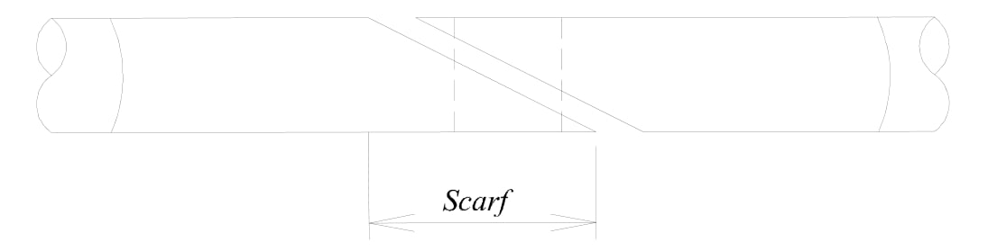 Scarf joint in bamboo showing sloping cut and lap length