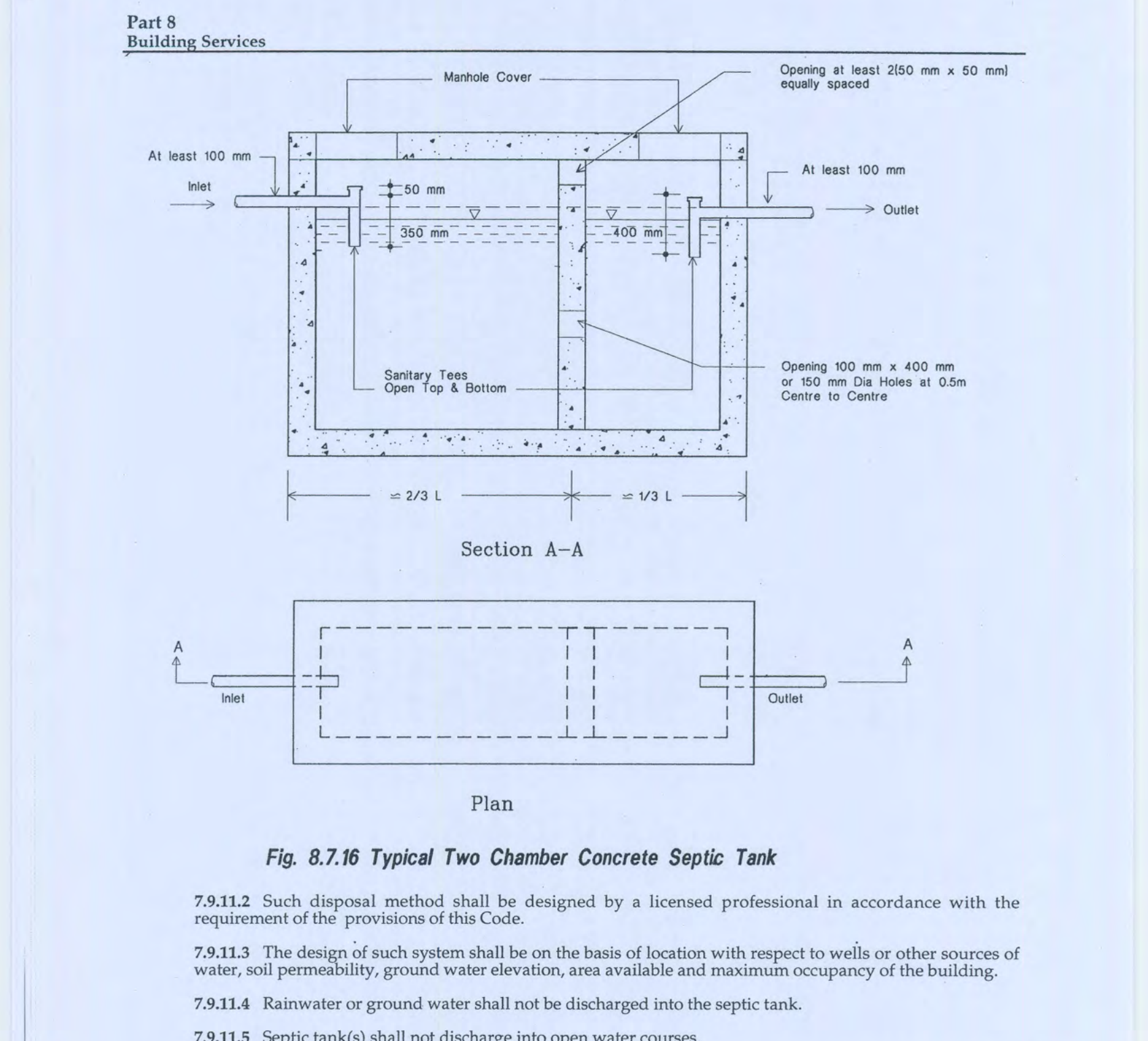 Fig 8.7.16 Typical Two Chamber Concrete Septic Tank