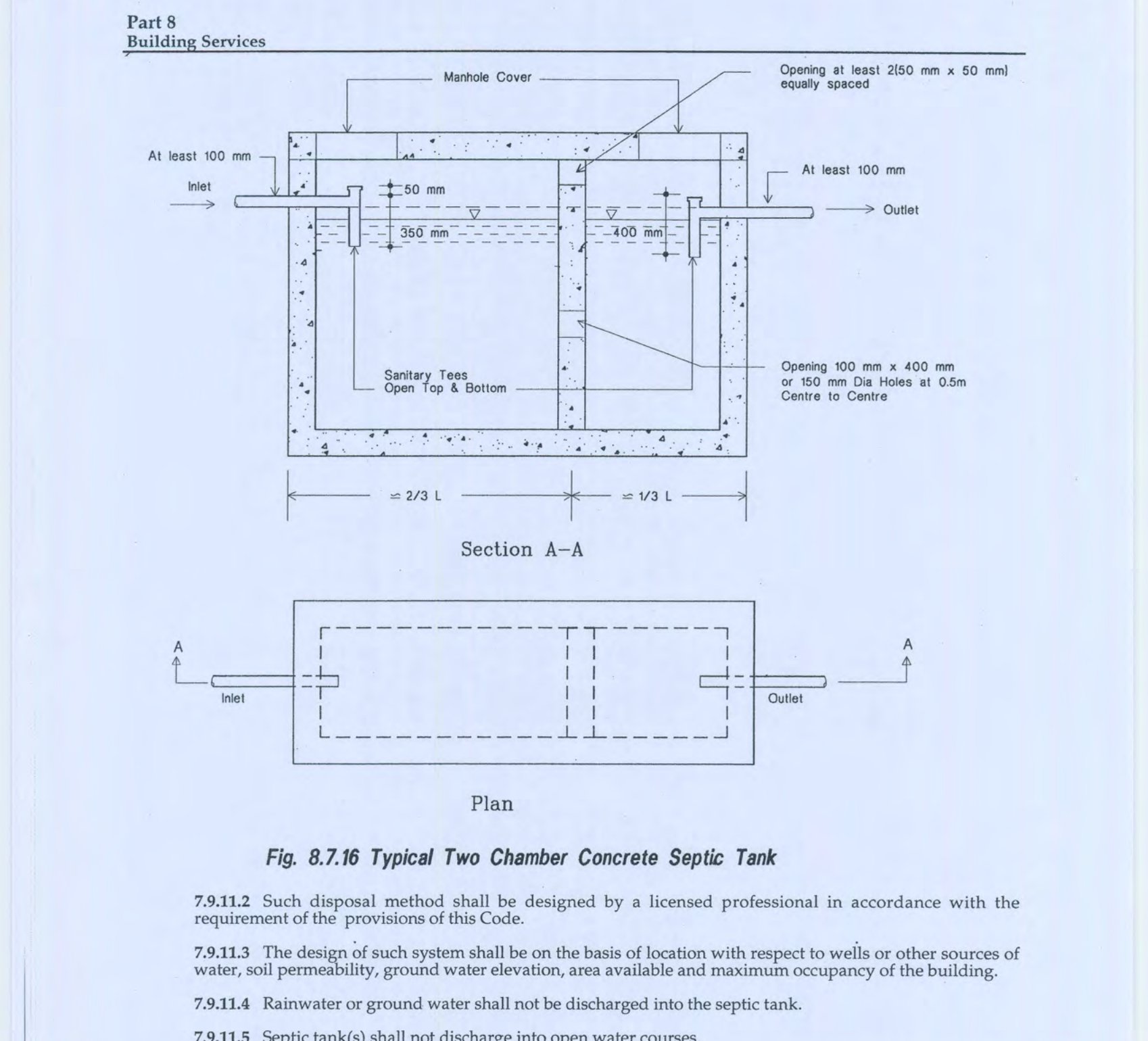 Fig 8.7.16 Typical Two Chamber Concrete Septic Tank