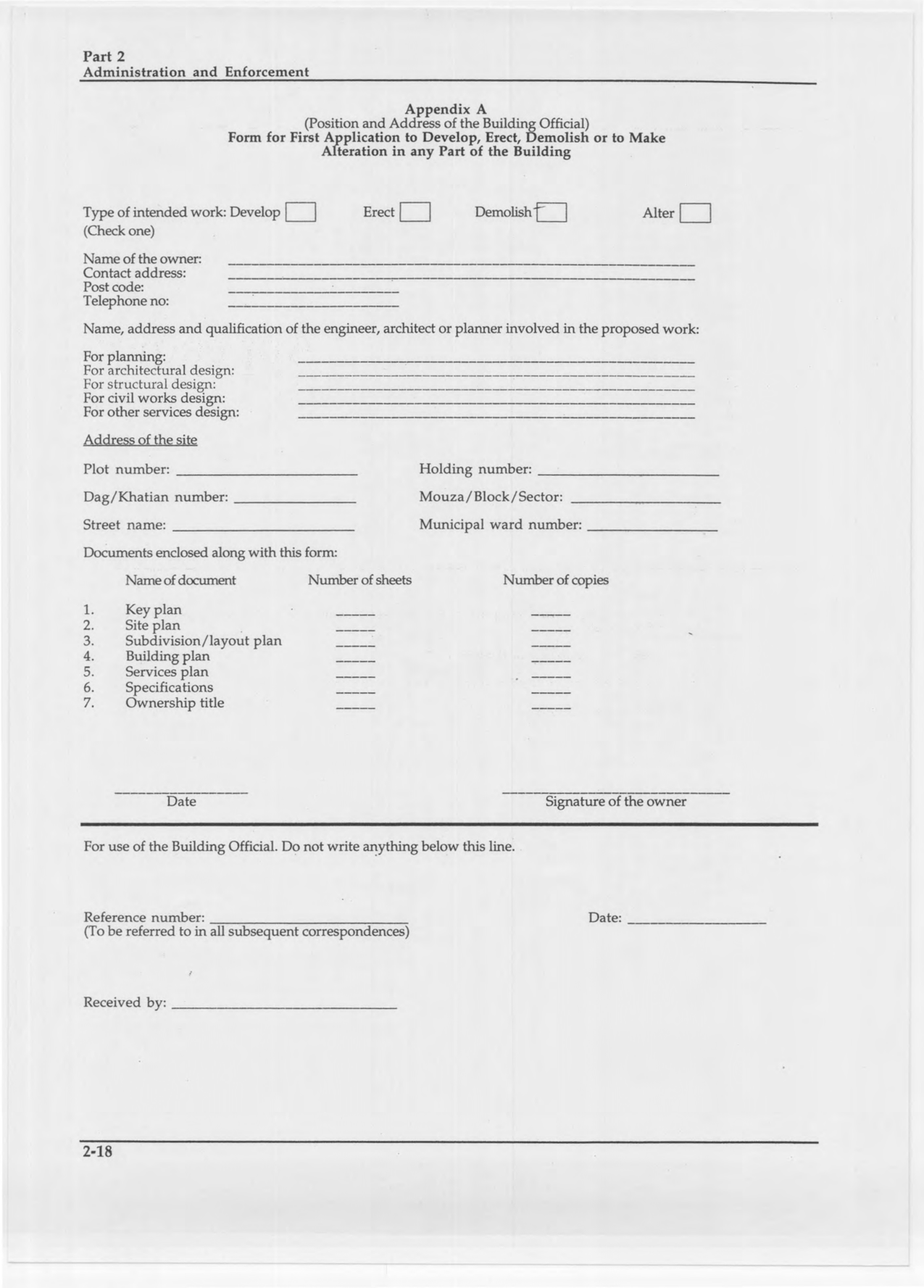 Form for First Application to Develop, Erect, Demolish or to Make Alteration in any Part of the Building