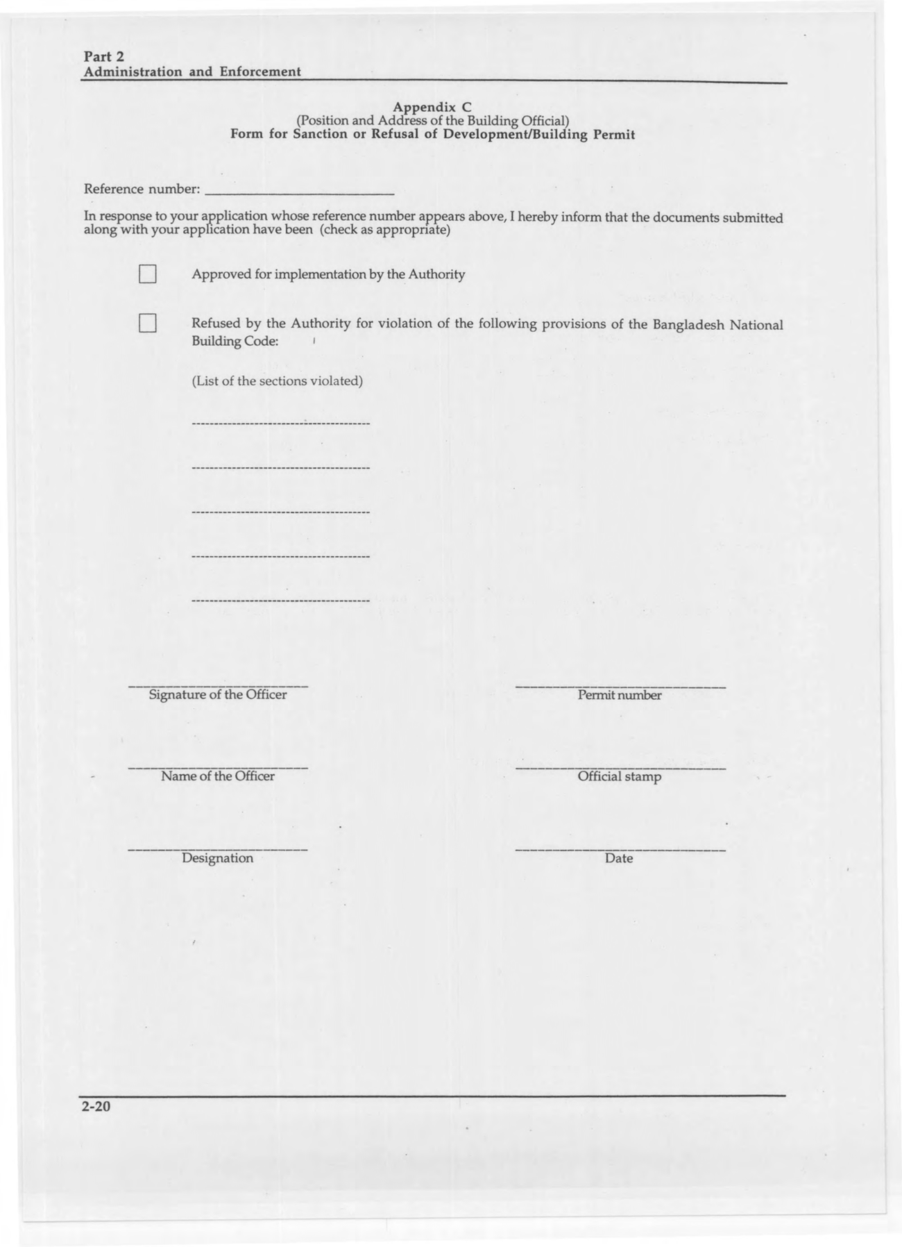 Form for Sanction or Refusal of Development/Building Permit