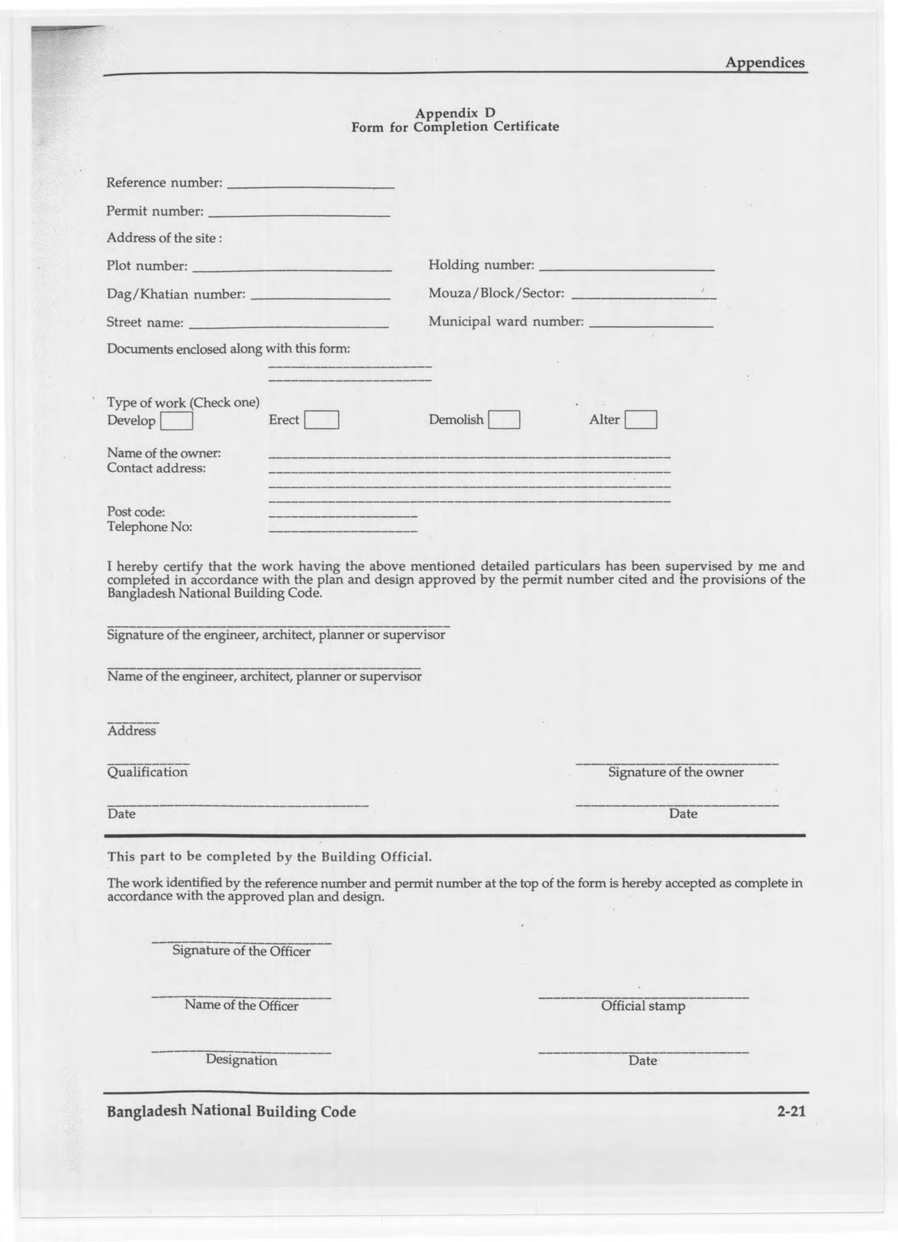 Form for Completion Certificate