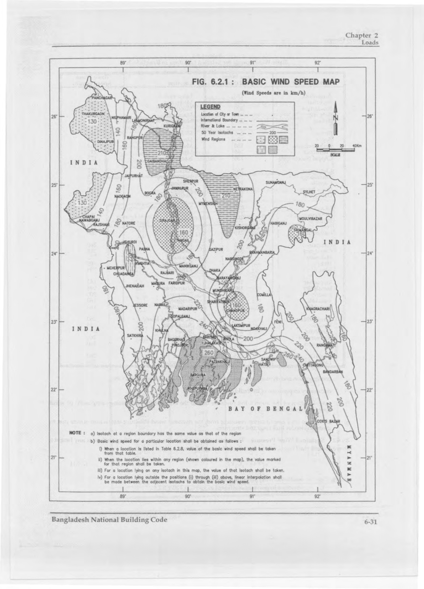 Fig 6.2.1: Basic Wind Speed Map of Bangladesh