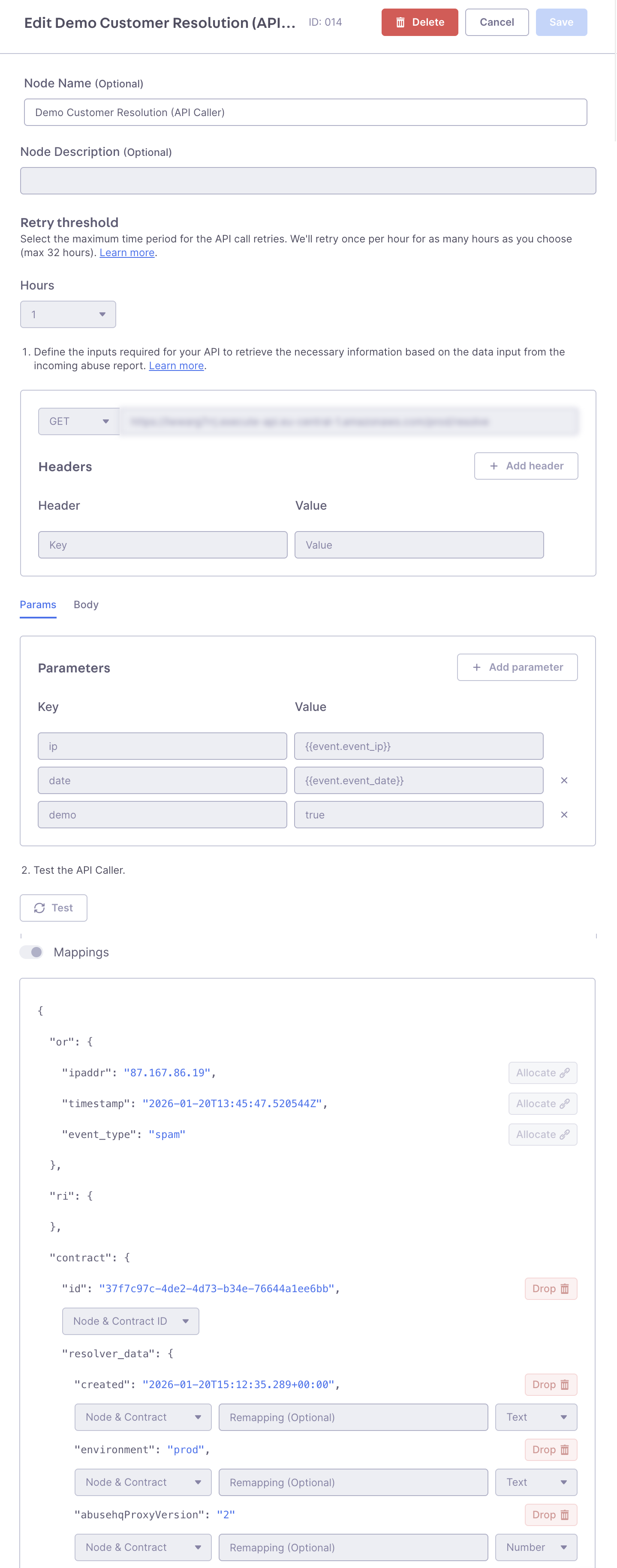 API Caller node configuration for customer resolution
