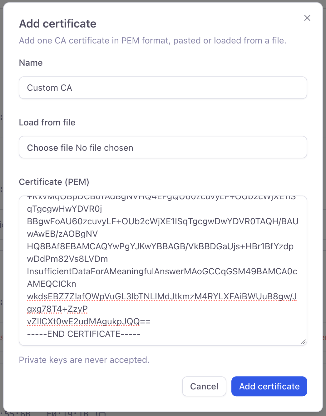 Add certificate dialog
