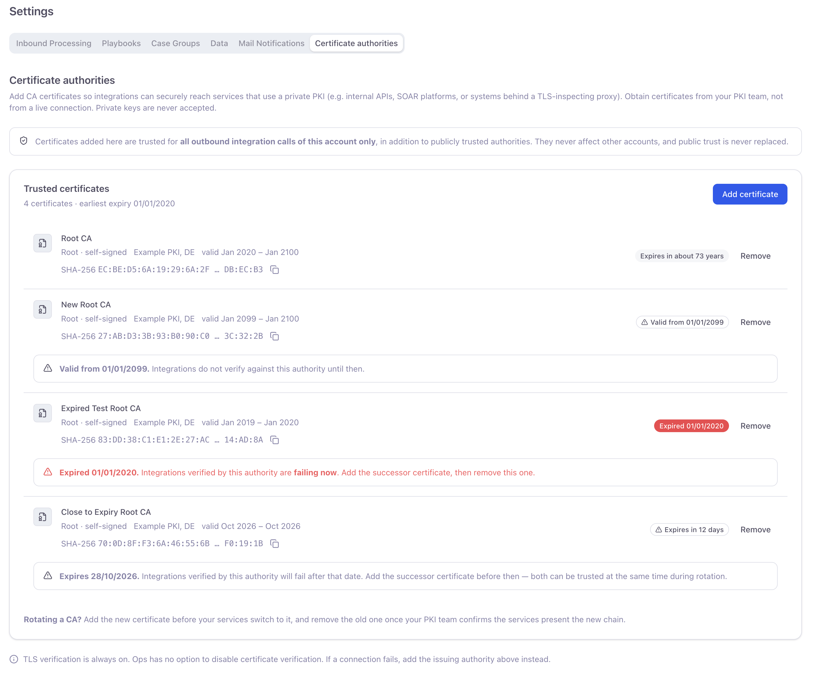 Certificate authorities page