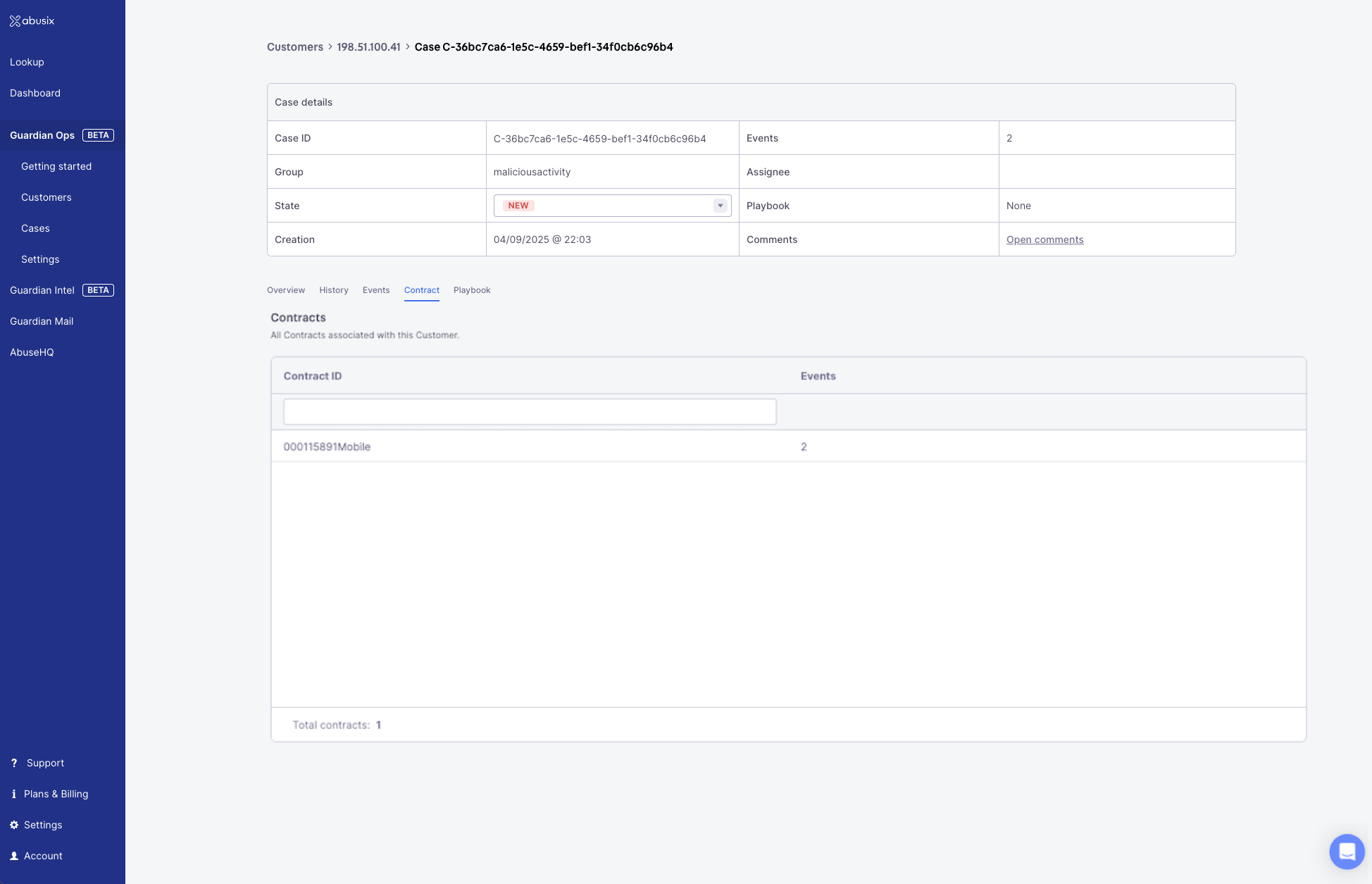 Contract tab showing associated customer contracts