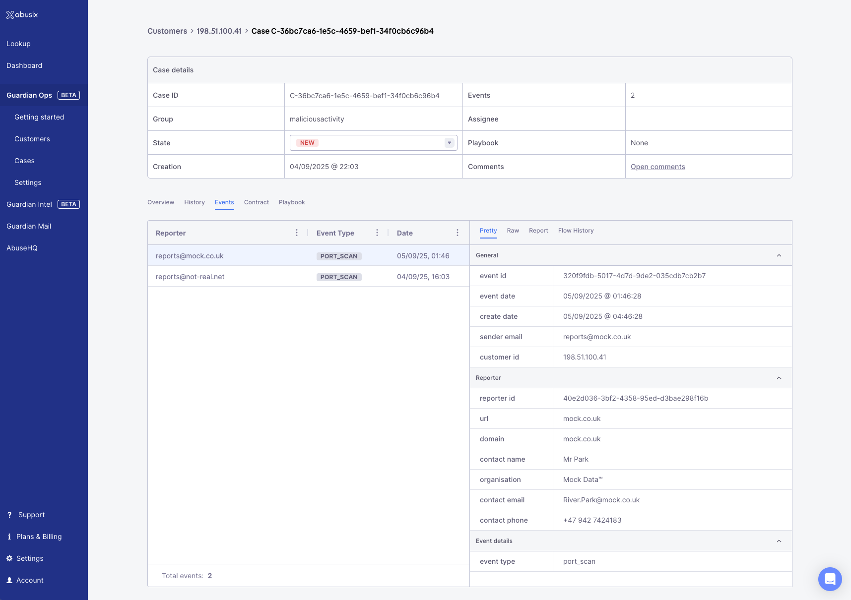 Events tab showing individual abuse reports
