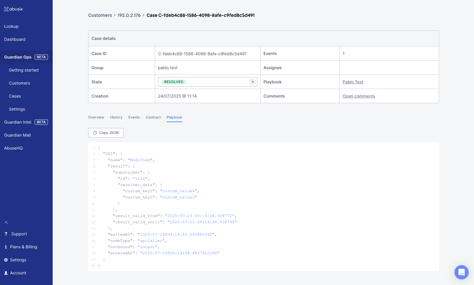 Playbook tab showing automation execution details
