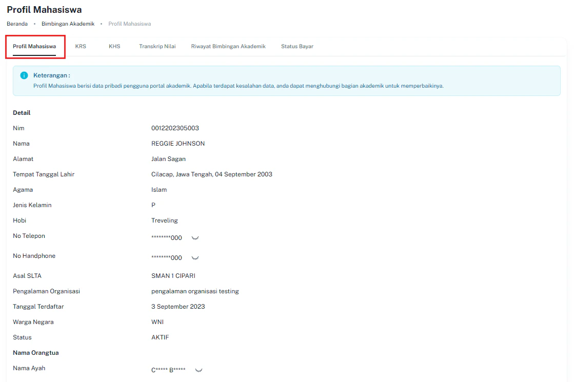 Bim Aka Tab Profil Mahasiswa