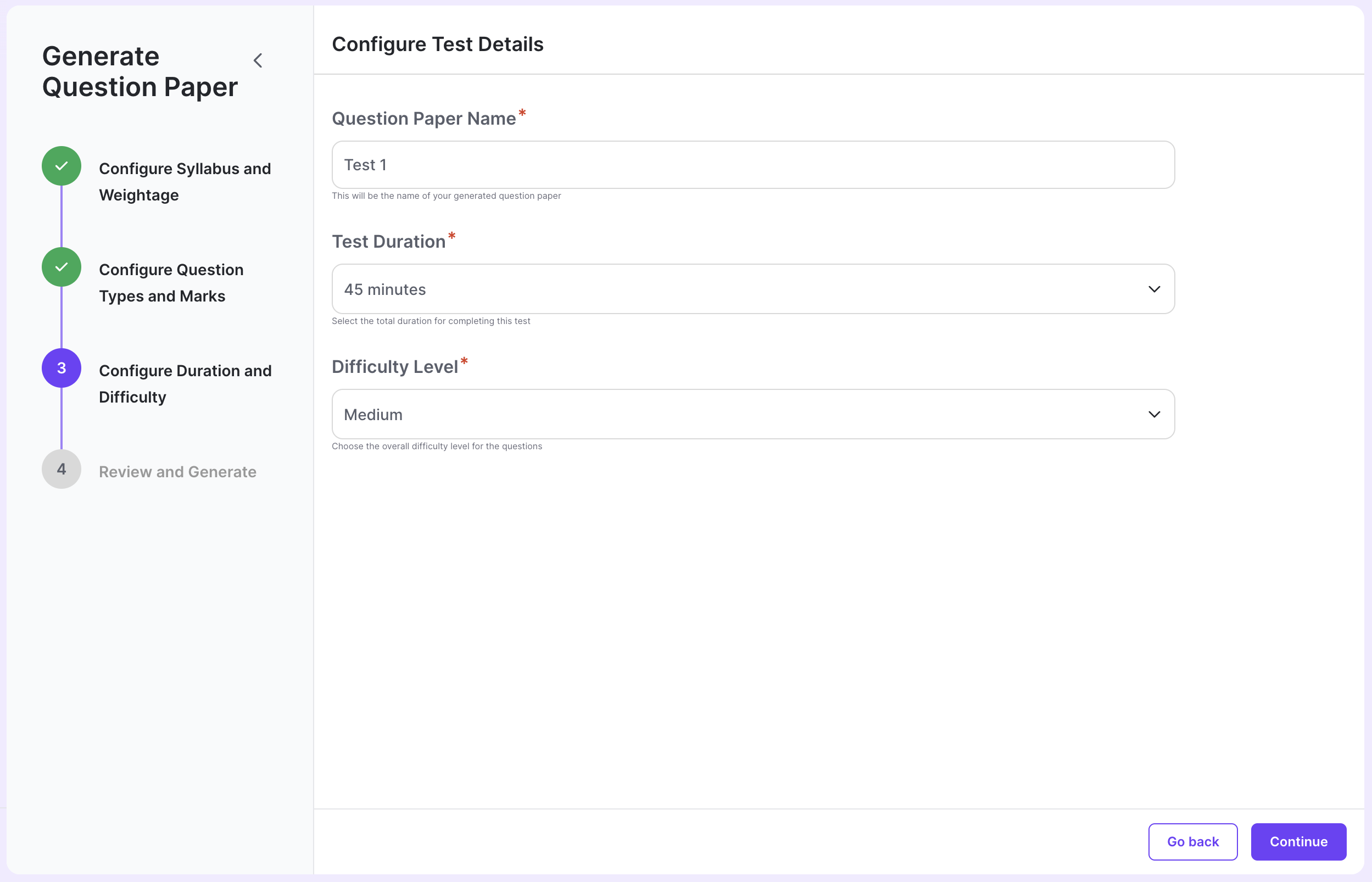 Configure Difficulty Level and Duration
