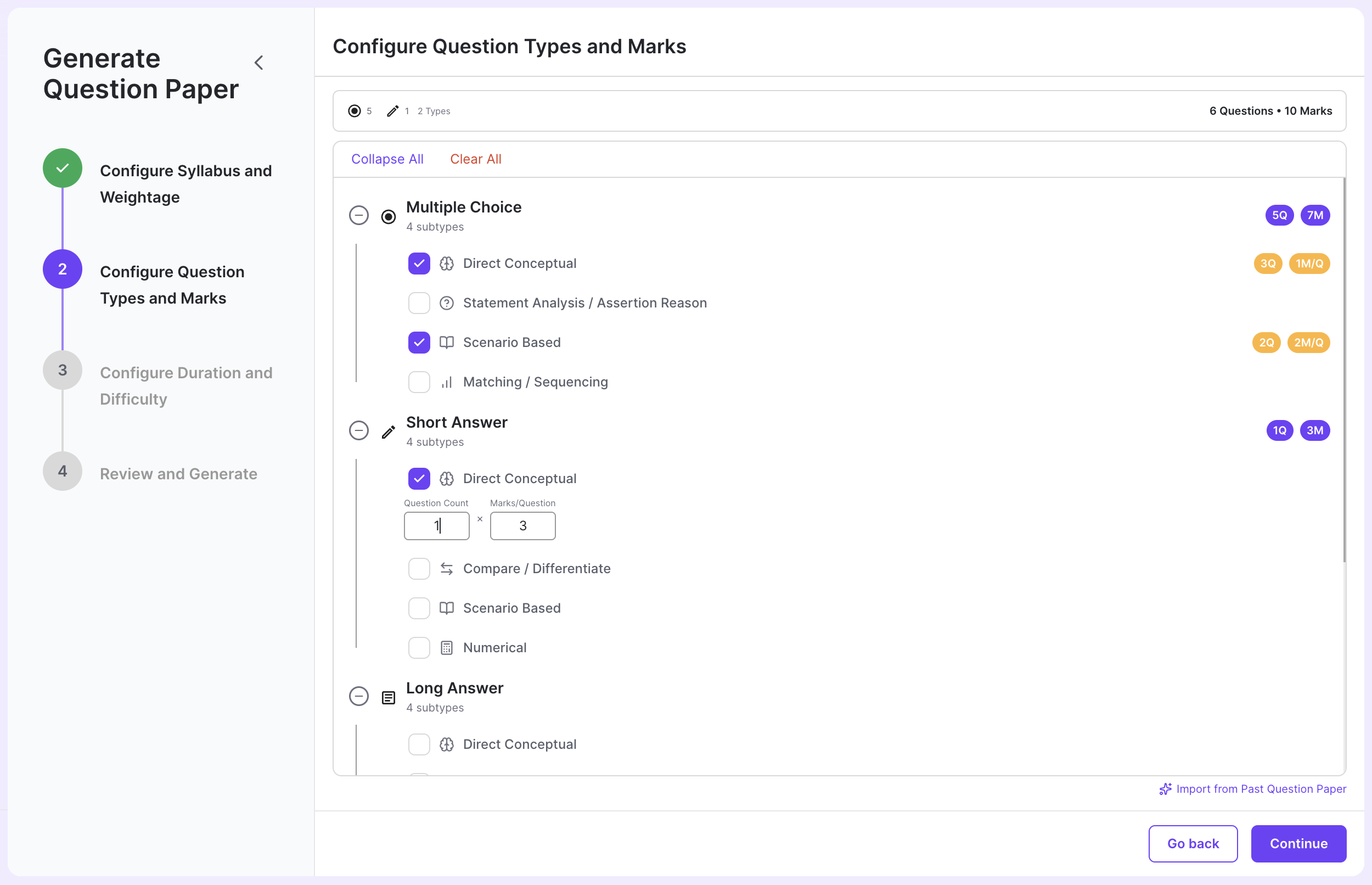 Configure Question Types and Marks