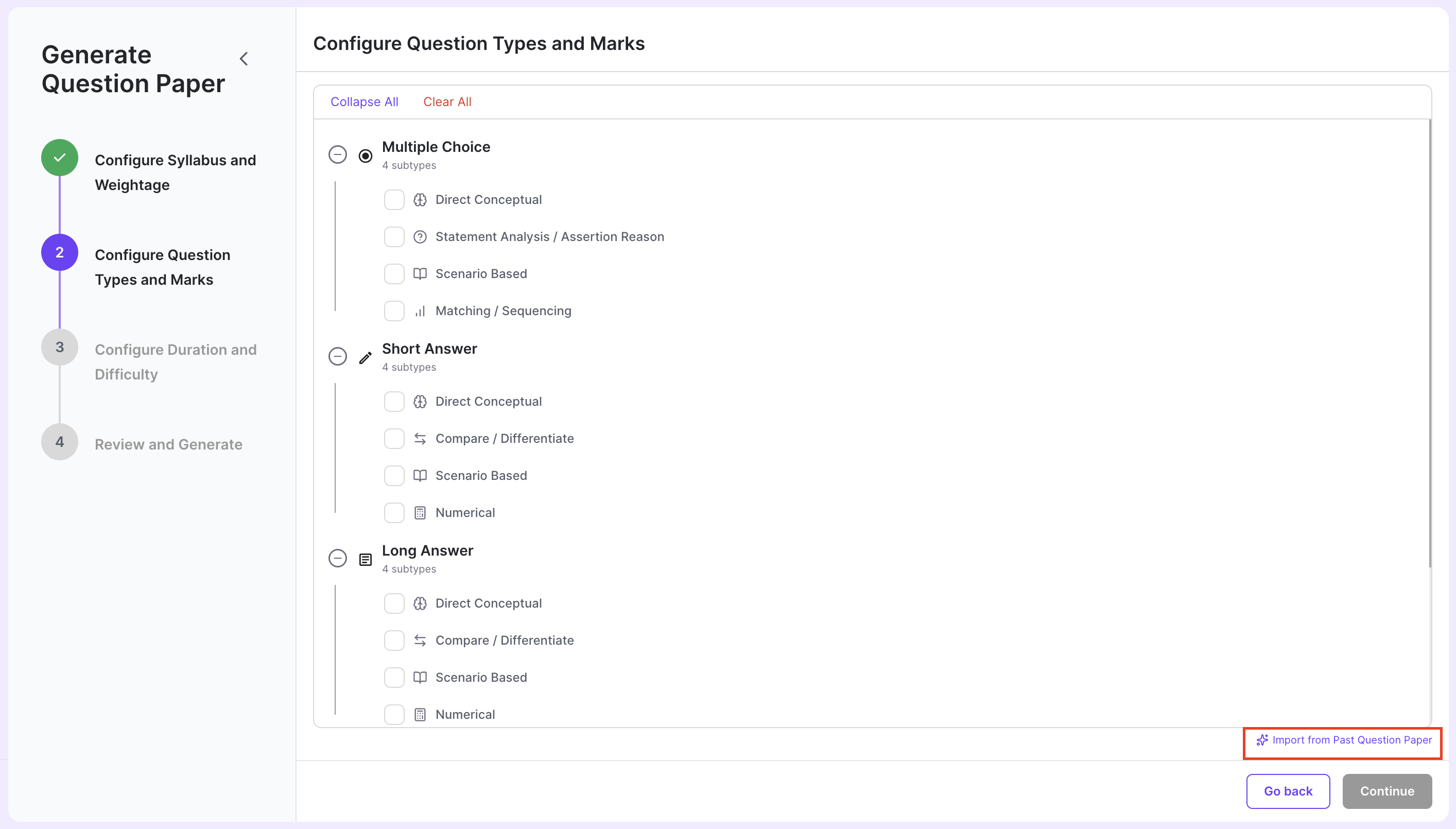 Import from Past Question Paper Button