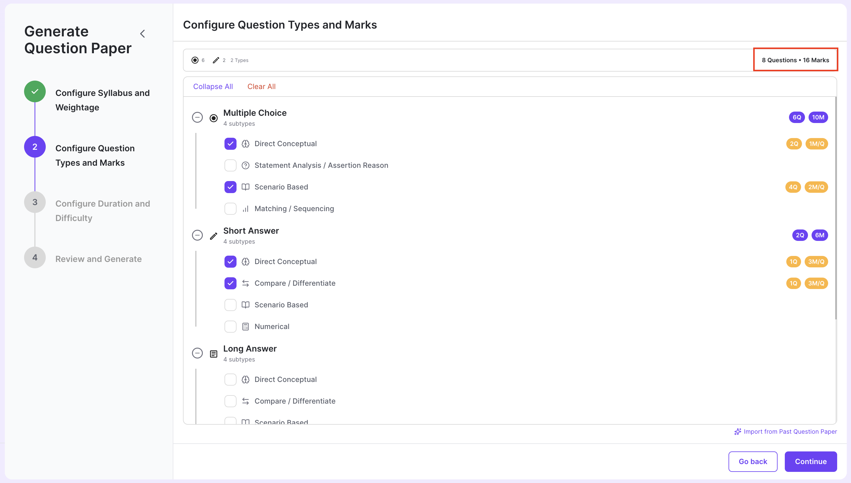 Question Types and Marks Summary