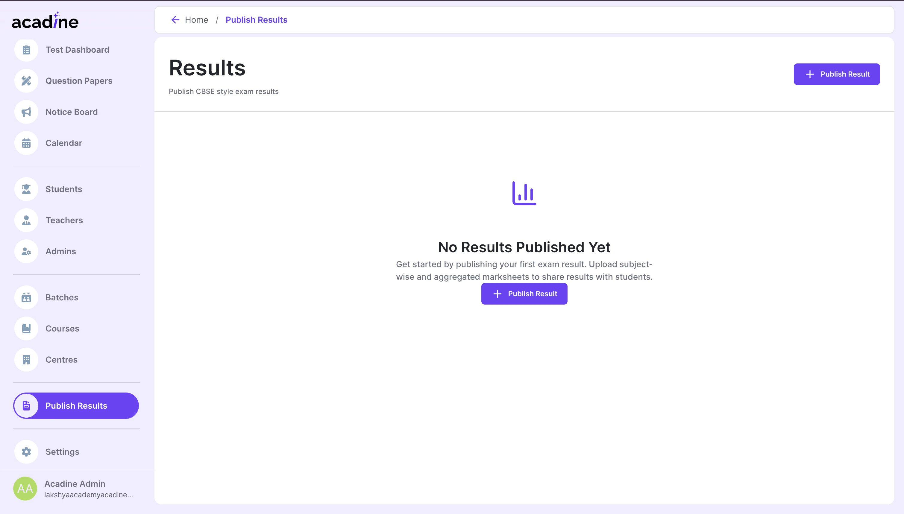 Publish results screen