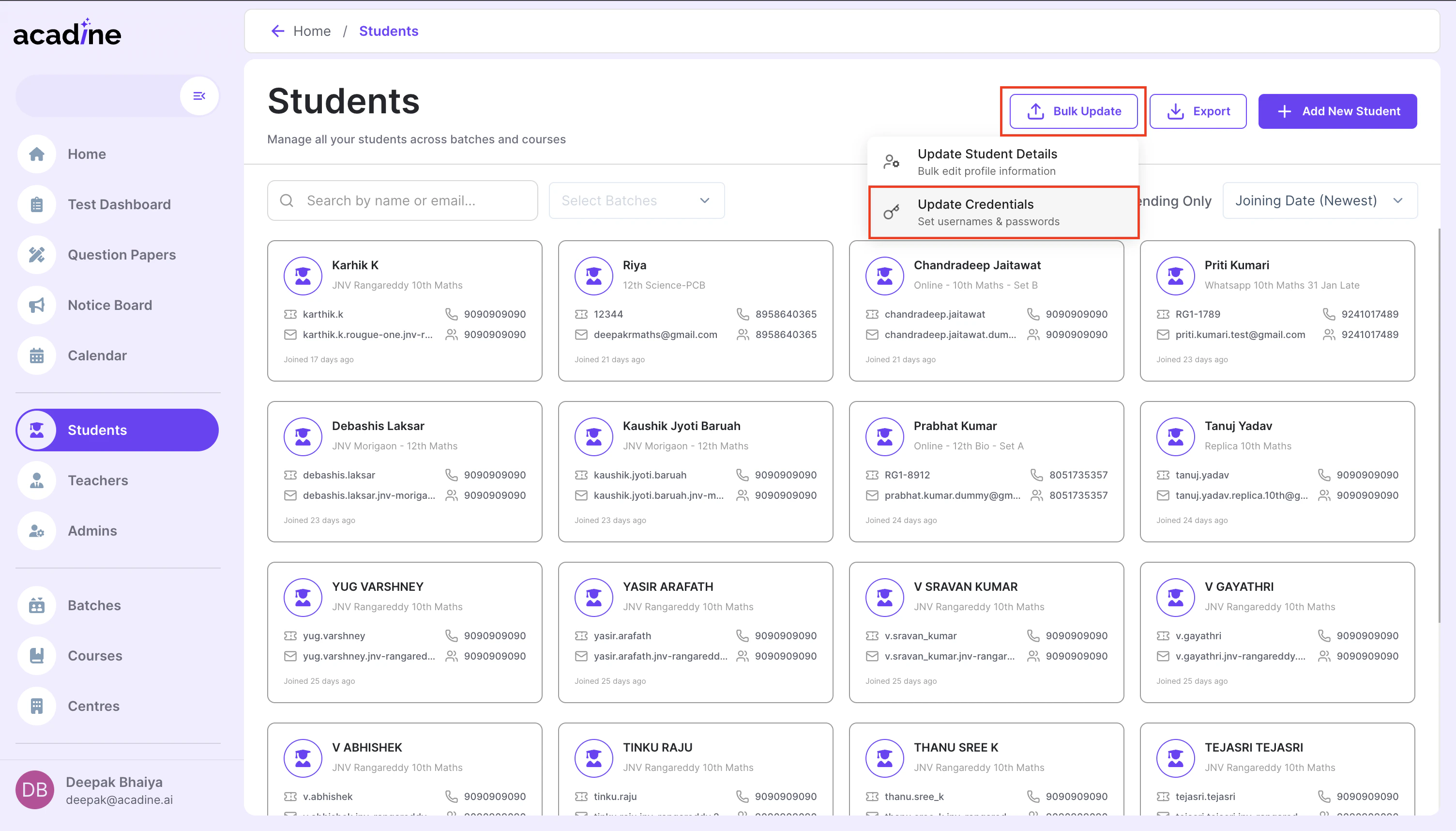 Update credentials screen