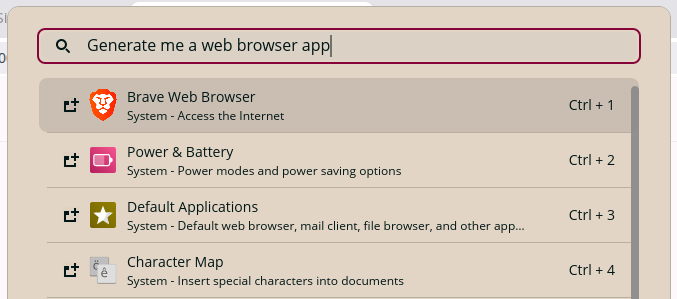 Pop!_OS quick-access search that says 'Generate me a web browser app' and shows Brave as the first result
