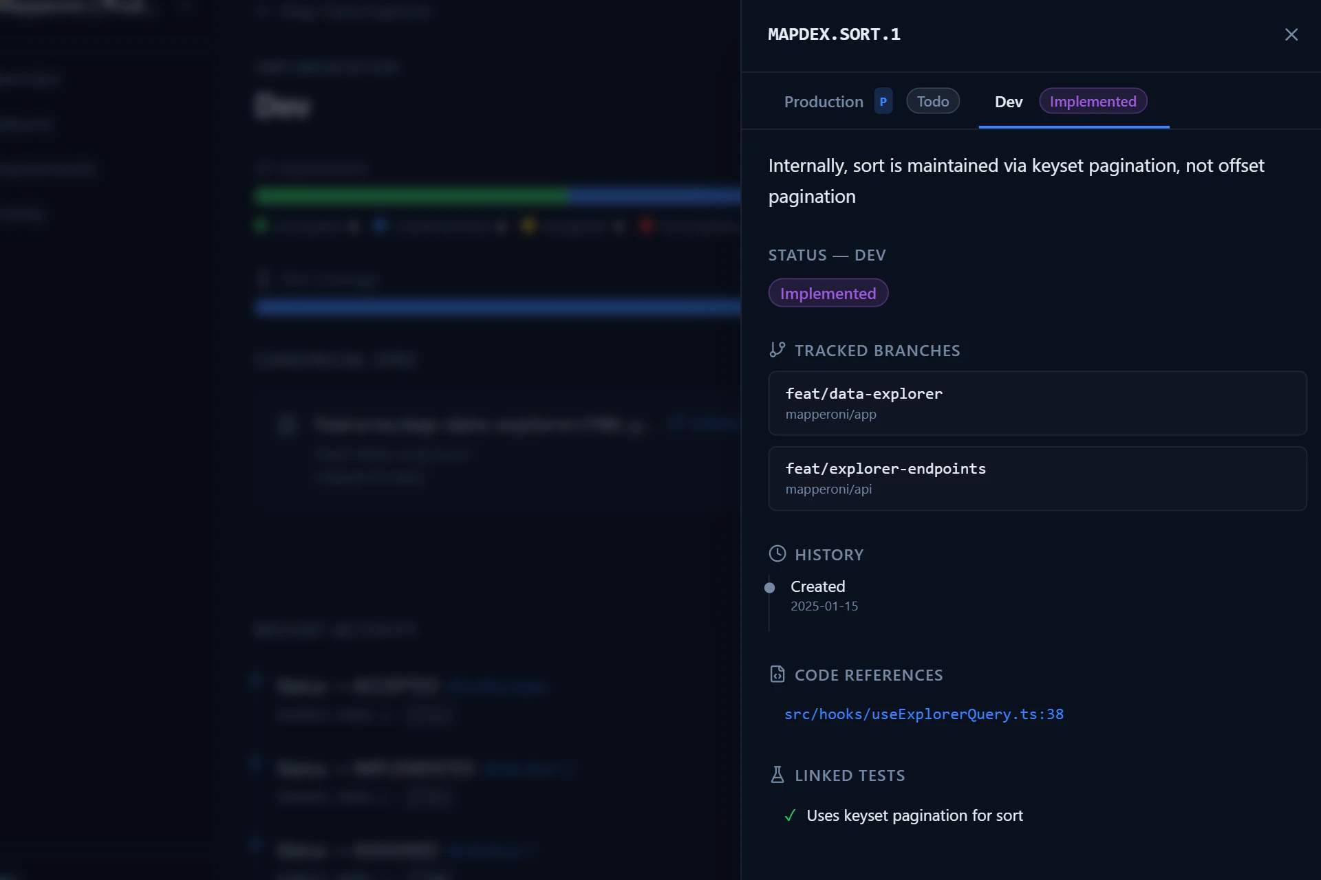 Example dashboard showing details about a specific feature requirement.