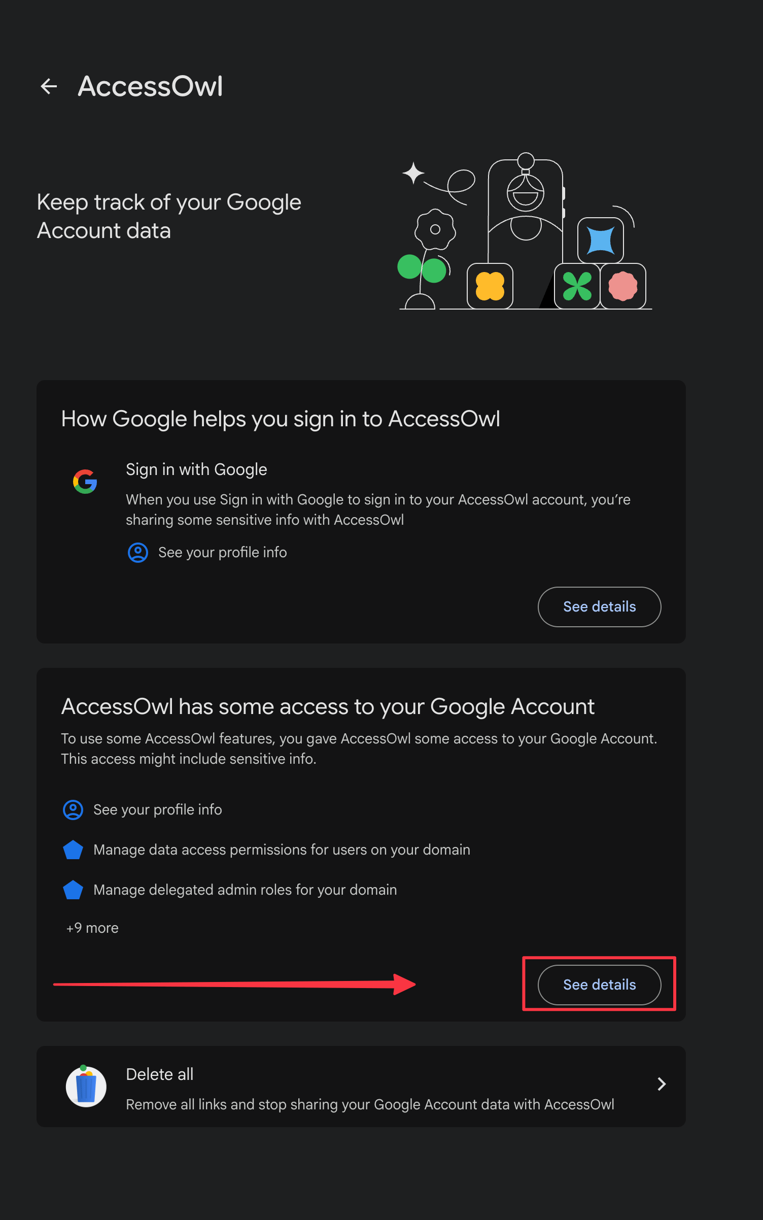 Click See details in the AccessOwl has some access to your Google Account section