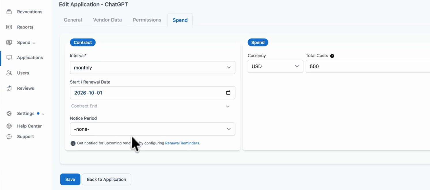 Spend tab of an application with the Contract and Spend cards