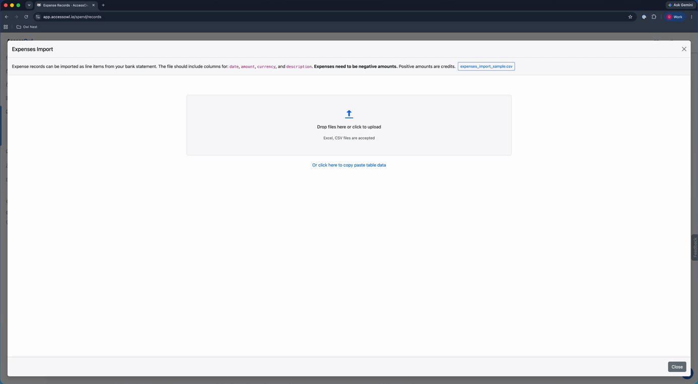 Expenses Import dialog with the upload area and the required columns