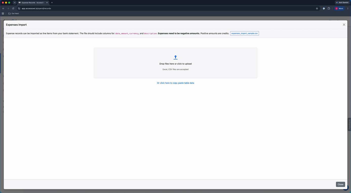 Expenses Import dialog with the upload area and the required columns