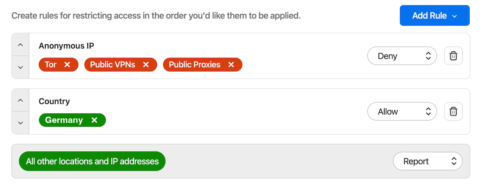 1Password firewall policy with an Anonymous IP rule denying Tor, Public VPNs, and Public Proxies, followed by a Country rule allowing Germany
