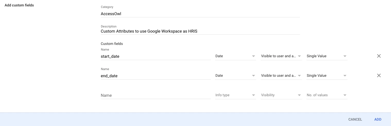 Google Admin Console: Add custom fields dialog showing Category field set to AccessOwl with start_date and end_date fields