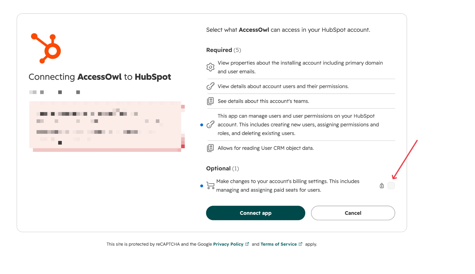 HubSpot connection screen with the optional billing settings permission and its checkbox under Optional