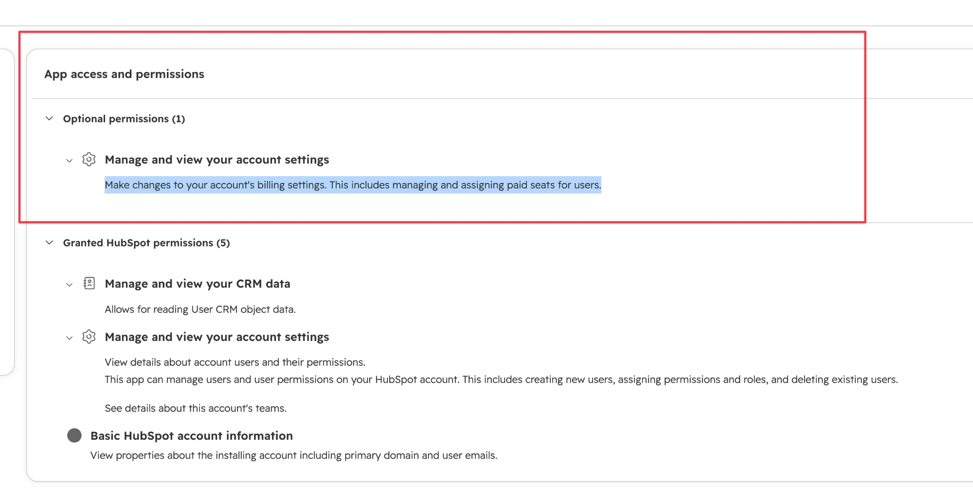 AccessOwl in HubSpot Connected Apps with Manage and view your account settings listed under Optional permissions