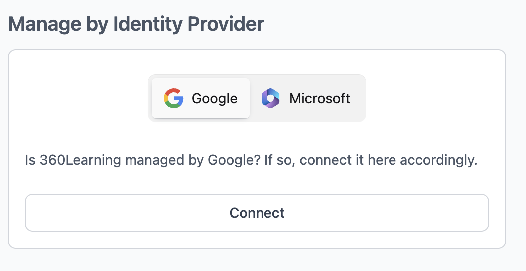 Manage by Identity Provider panel with the identity provider toggle and Connect button