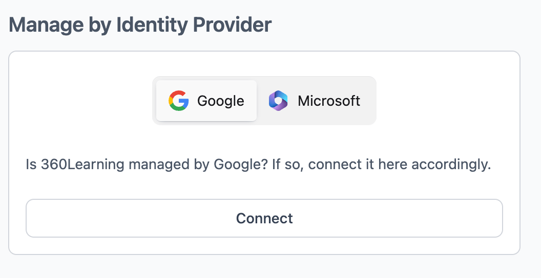 Manage by Identity Provider panel with the identity provider toggle and Connect button
