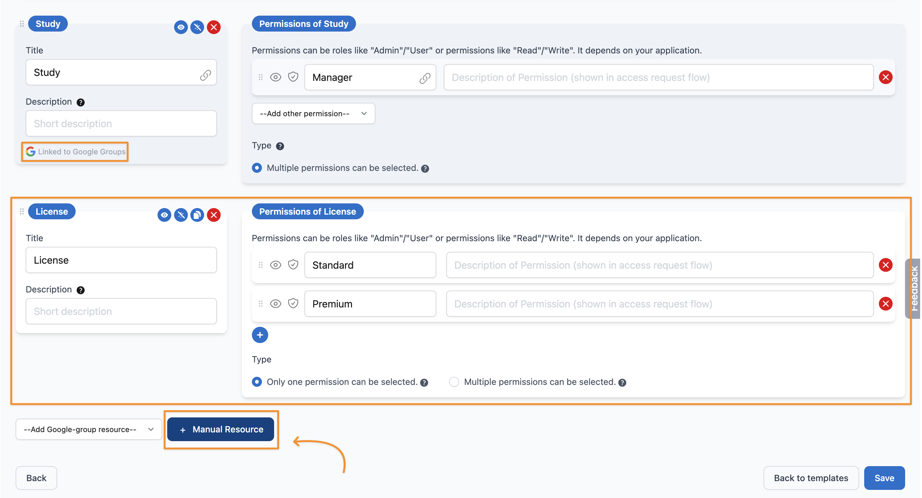 Permission editor with a resource linked to Google Groups and a manual License resource added via the Manual Resource button