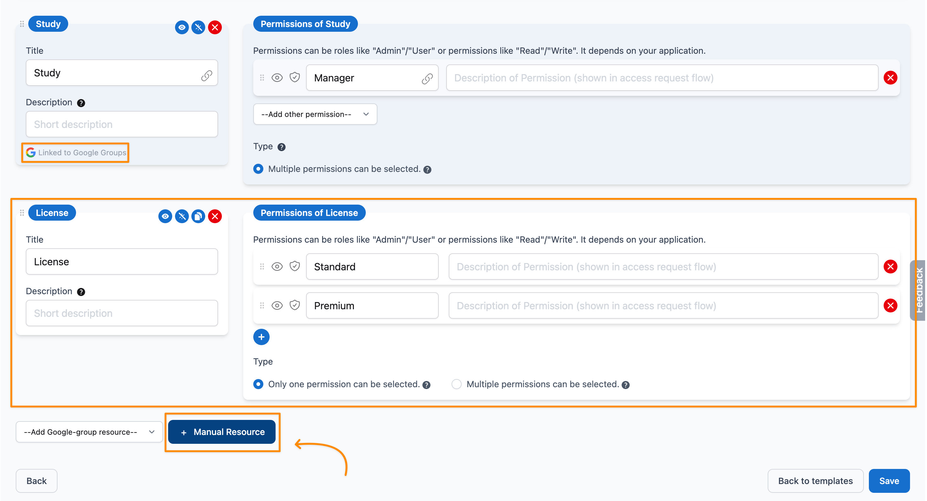 Permission editor with a resource linked to Google Groups and a manual License resource added via the Manual Resource button