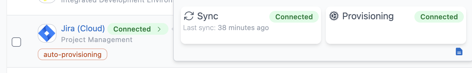 Jira (Cloud) on the Applications list with the Connected hover showing Sync connected, last sync 38 minutes ago, and Provisioning connected