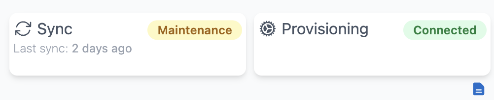 Capability cards showing Sync in Maintenance, last sync 2 days ago, and Provisioning connected