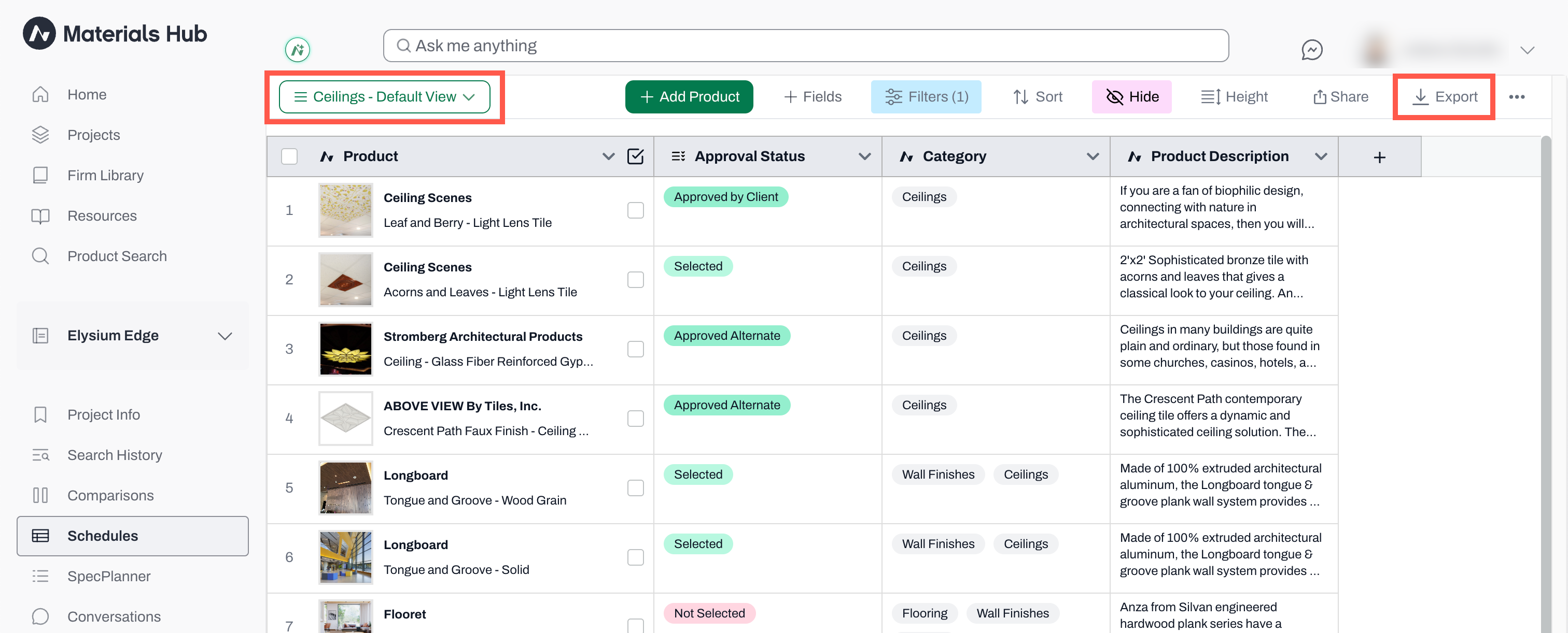 A schedule's toolbar with the view selector and the Export button highlighted