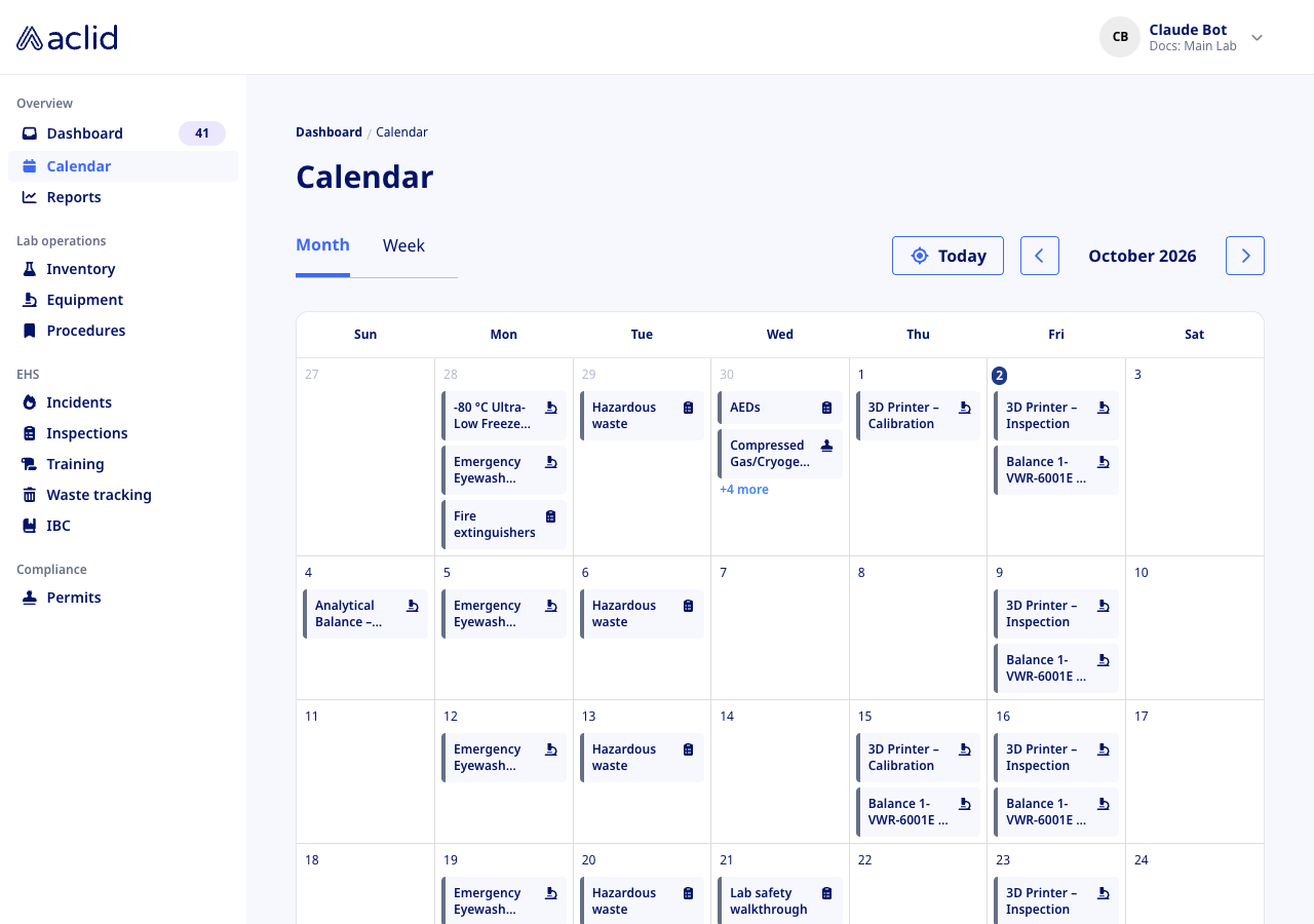 Calendar month view with event chips