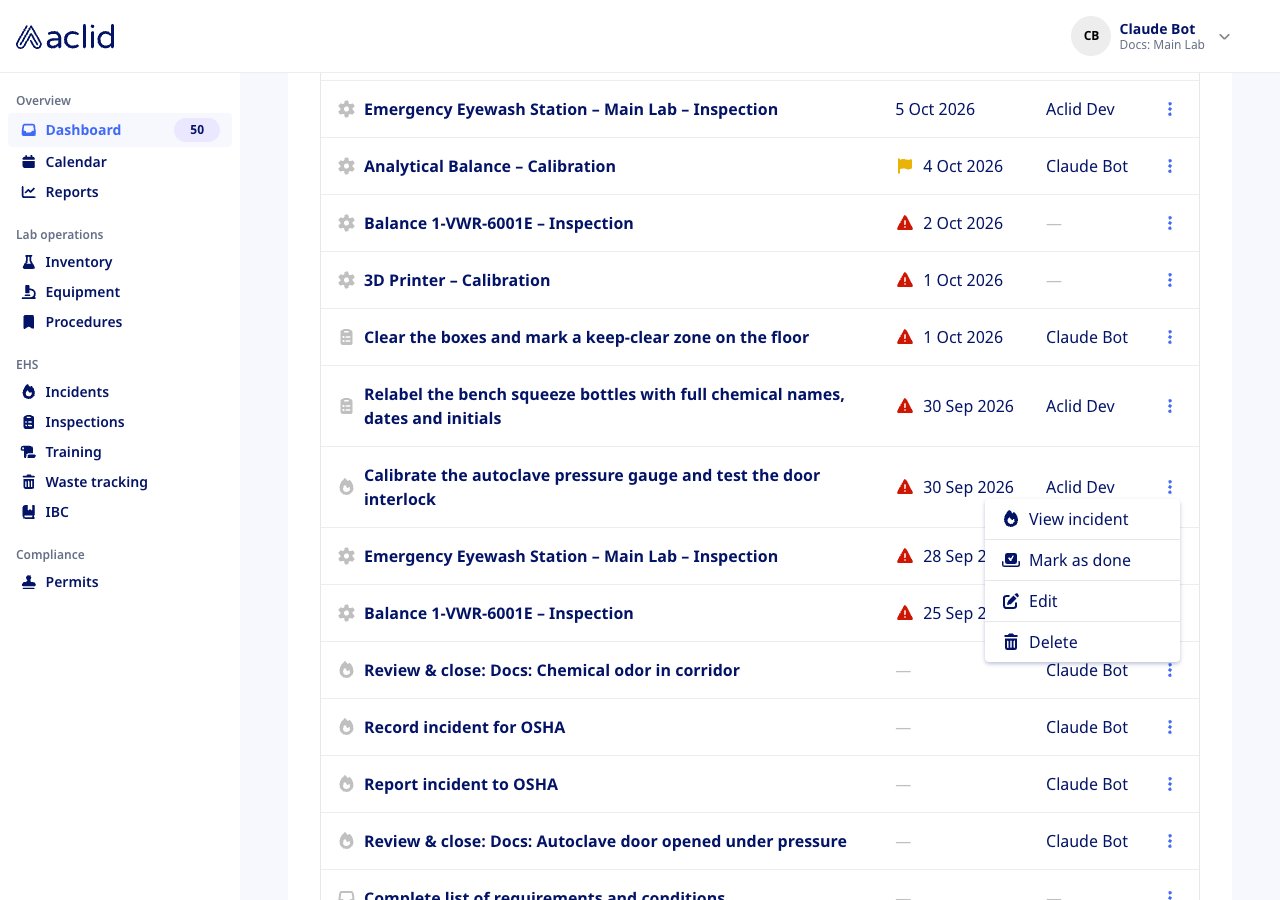 Context menu with View incident, Mark as done, Edit and Delete