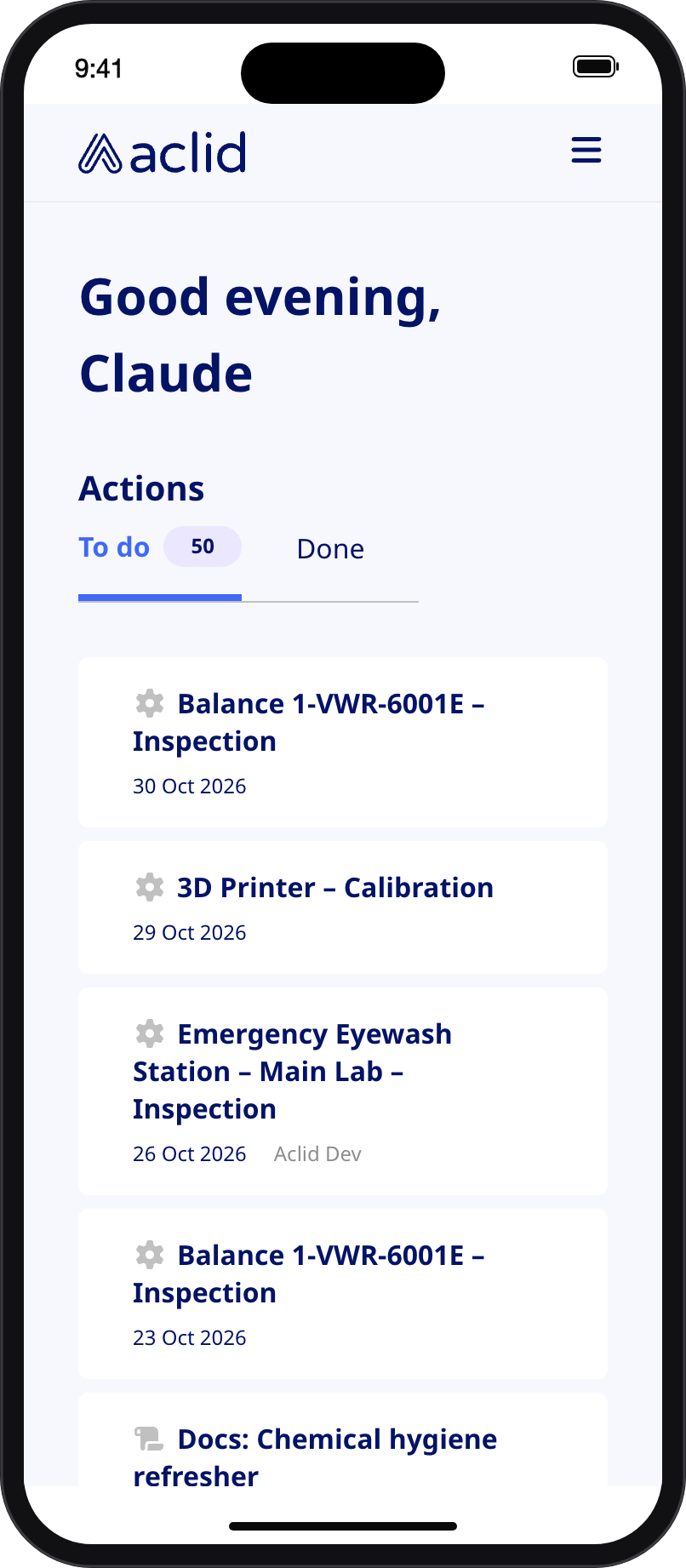 Dashboard action cards on a narrow screen