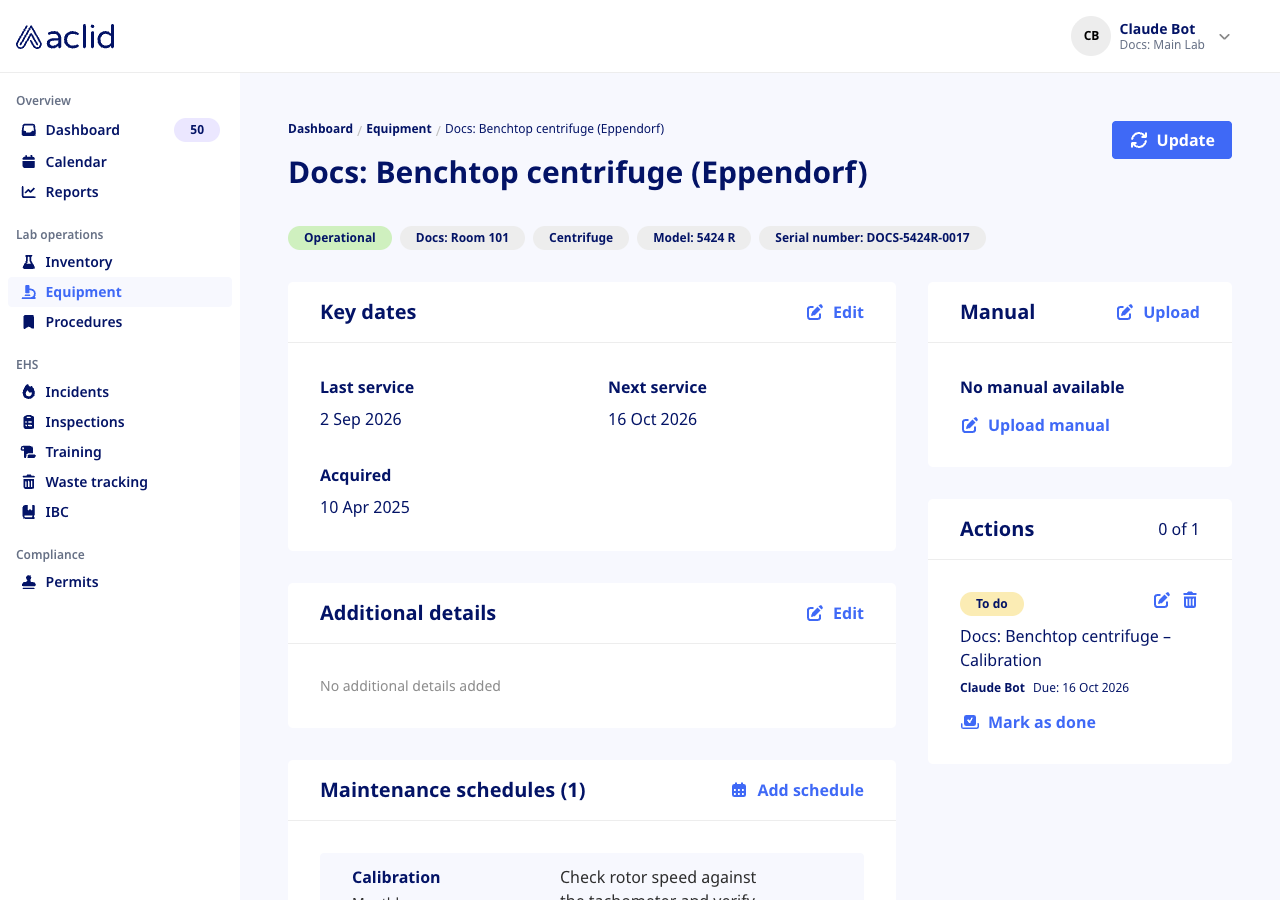 Equipment detail page with Operational badge, Key dates card, Manual card and Actions card