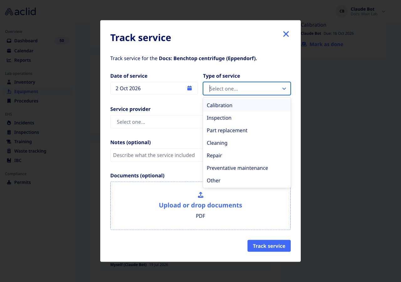 Track service dialog with Date of service, Type of service dropdown open, Service provider, Notes and Documents