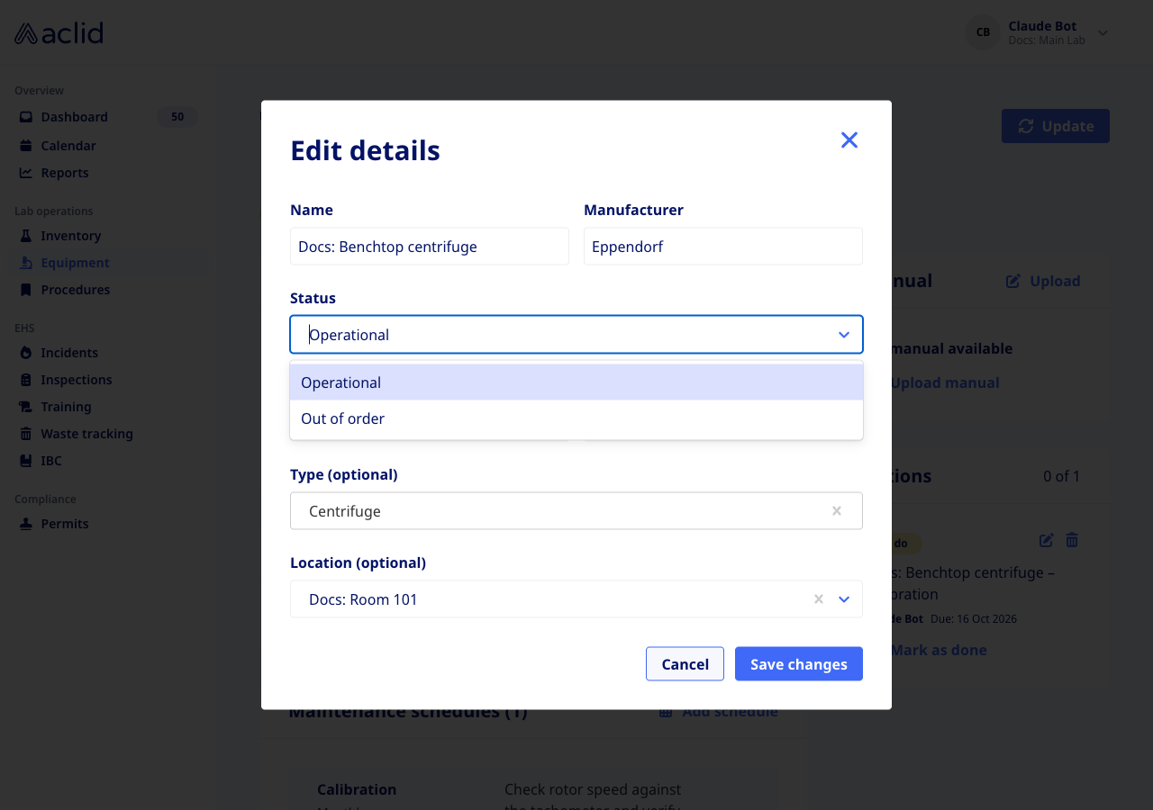 Edit details dialog with the Status dropdown open showing Operational and Out of order