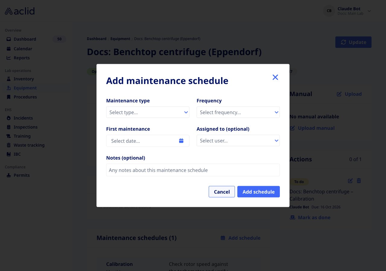 Add maintenance schedule dialog with Maintenance type, Frequency, First maintenance, Assigned to and Notes