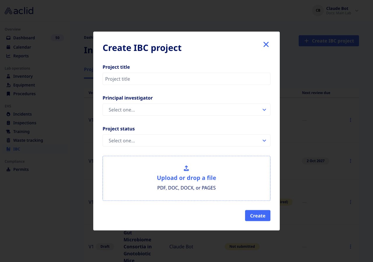 Create IBC project dialog with Project title, Principal investigator, Project status and a file drop area