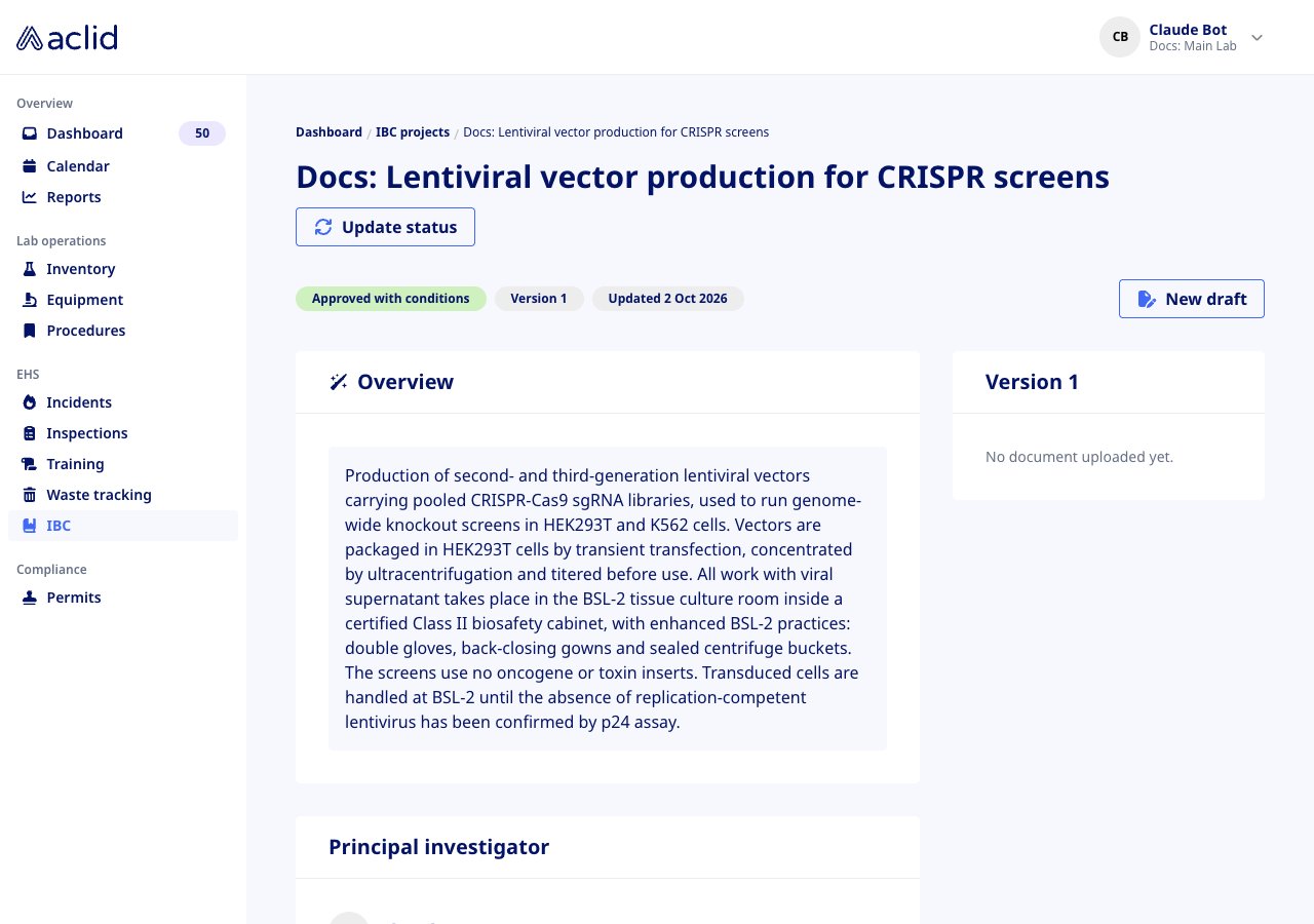 IBC project page showing the Approved with conditions badge, Version 1, the Overview card and the New draft button