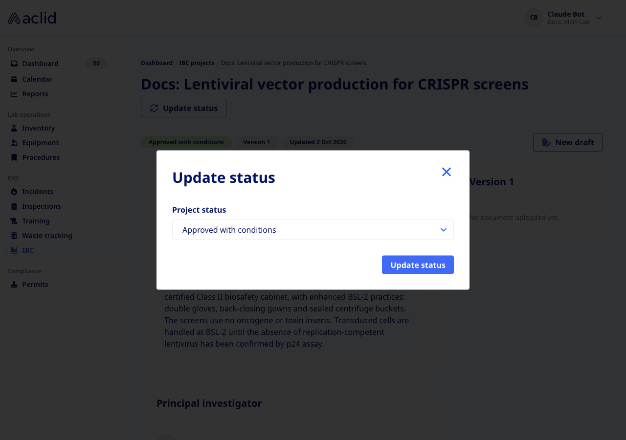 Update status dialog with the Project status drop-down set to Approved with conditions