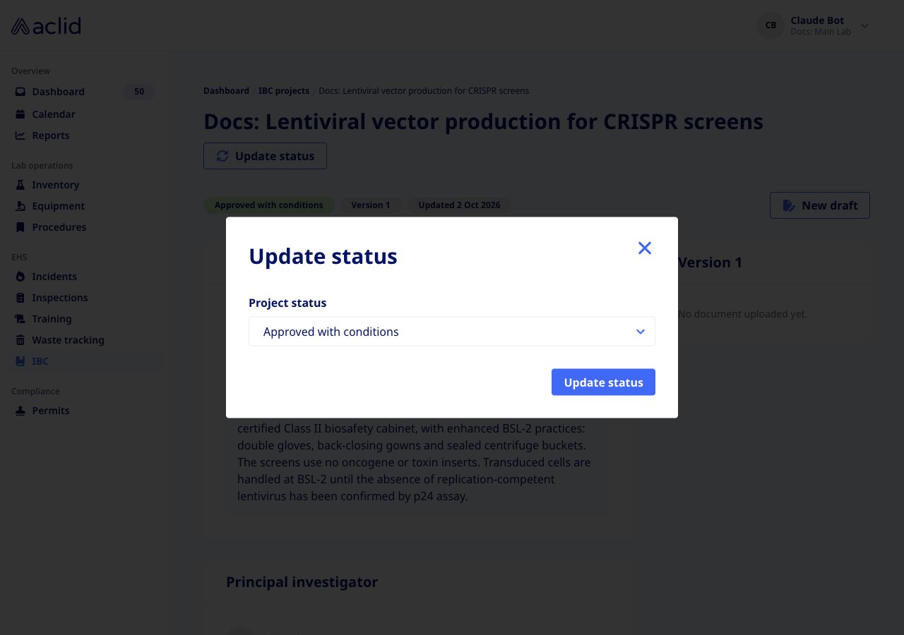 Update status dialog with the Project status drop-down set to Approved with conditions